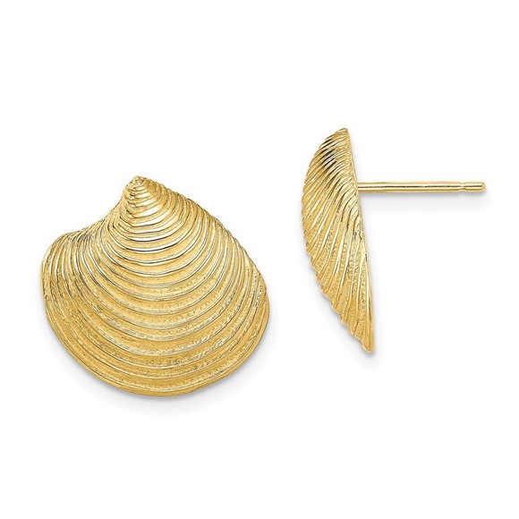 14k Yellow Gold Sea Life 2-D Textured and Polished Clam Shell Post Earrings - Picture 1 of 4
